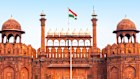 View of the Red Fort, Lahori Gate during sunny summer day in New Delhi, India.