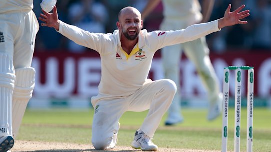 Nathan Lyon appeals after Ben Stokes is hit on the pads with England one run behind Australia.