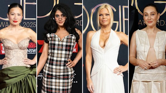 Poh Ling Yeow in Velani; Ayesha Madon in Acne Studios; Sophie Monk in Cappellazzo Couture; Zoe Foster Blake in Amy Lawrance on the Logies red carpet.
