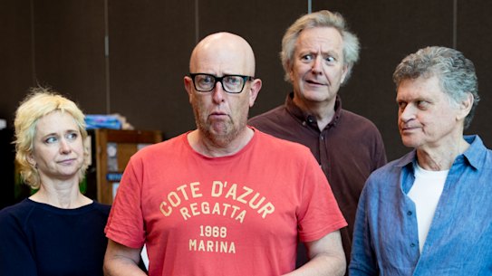David Whitney, second left, playing Peter Dutton in rehearsals with Drew Forsythe, right, Jonathan Biggins and Mandy Bishop