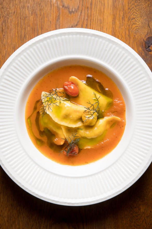 Ricotta ravioli in tomato sugo.