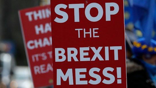 Pro-European demonstrators protest outside parliament in London on  Friday.