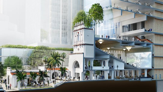 Side view showing how the office tower could site behind the restored Roxy Theatre. 