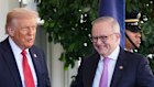 President Donald Trump, left, greets Australian Prime Minister Anthony Albanese at the White House, Monday, October 20, 2025, in Washington. (AP Photo/Evan Vucci)