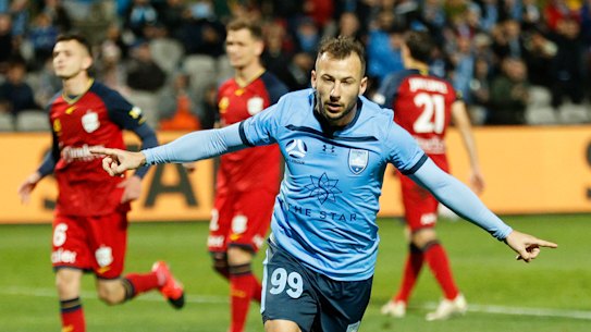 Adam Le Fondre celebrates after scoring a penalty.