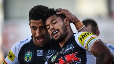 Happy days: Waqa Blake (right) and 
Viliame Kikau celebrate a try against Parramatta in round one.