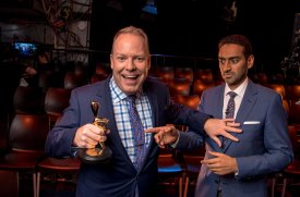Peter Helliar and 2016 Gold Logie winner Waleed Aly joke around in a promotional photo shoot for the 2017 awards. 