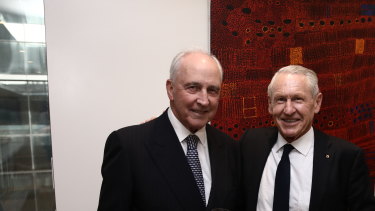 Former prime minister Paul Keating with former Westpac CEO David Morgan at the launch of the latter's biography in Sydney.