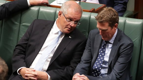 Muddy week: Prime Minister Scott Morrison and Attorney-General Christian Porter in Parliament.