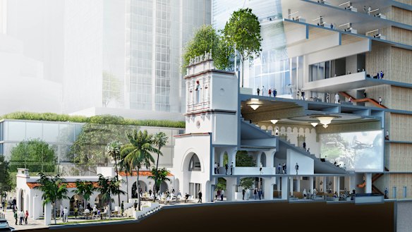 Side view showing how the office tower could sit behind the restored Roxy Theatre which the court described as "seductive and dramatic".