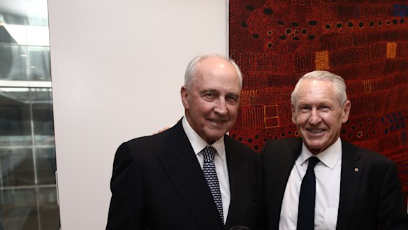 Former prime minister Paul Keating with former Westpac CEO David Morgan at the launch of the latter's biography in Sydney.