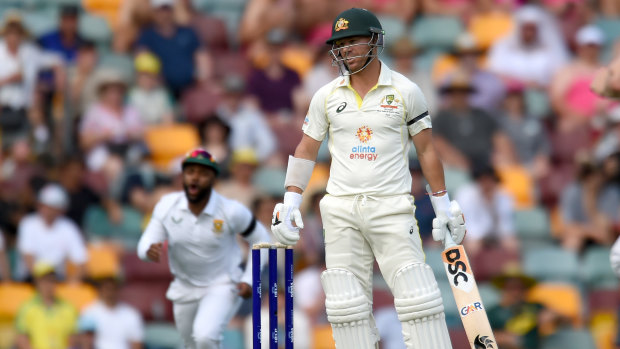 David Warner reacts after being dismissed for a golden duck.