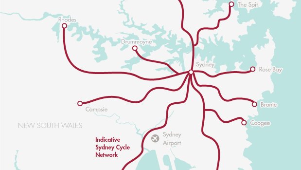 The proposed 284 kilometre Sydney cycle network 