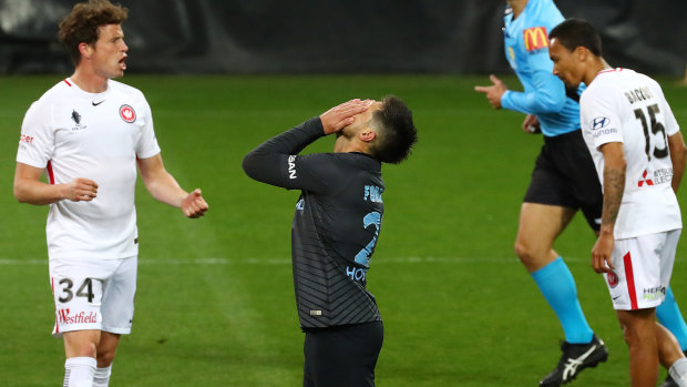 Bruno Fornaroli misses his penalty kick for Melbourne City in the FFA Cup quarter-final.