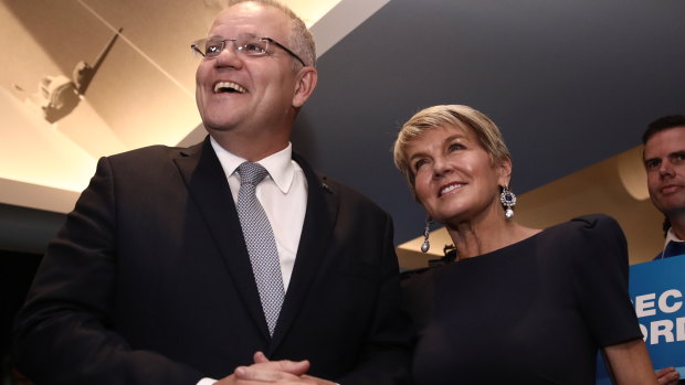 Scott Morrison and former foreign minister Julie Bishop in Perth on Monday. 