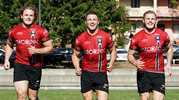 End of an era? George, Sam, and Tom Burgess training with the Rabbitohs. 
