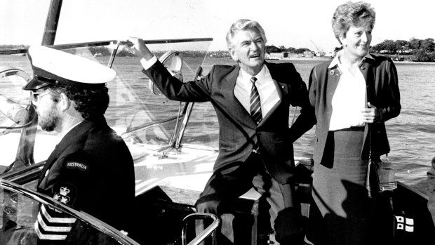 PM Bob Hawke and Hazel travel by Navy launch to the Sydney Opera House, June 23, 1987.