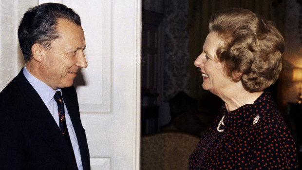 The British PM Margaret Thatcher greets France's Jacques Delors, then president-elect of the European Commission, at 10 Downing Street in 1984. Thatcher's 11-year premiership became increasingly dominated by her opposition to what later became the European Union.