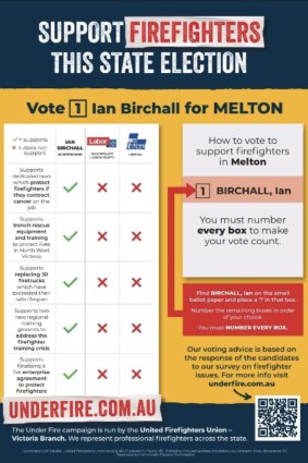 The United Firefighters Union has issued how-to-vote cards backing independent candidate Ian Birchall in Melton.