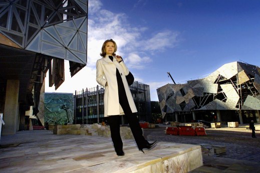Carla Zampatti as chairman of SBS in front of a multimedia studio in 2002. 