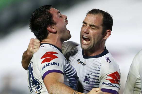 Brandon Smith celebrates a try with Cameron Smith in the Storm's win over the Knights. 