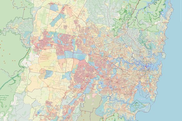 Mapping by the NSW government, showing suburbs with the highest vulnerability to urban heat in the Greater Sydney region.