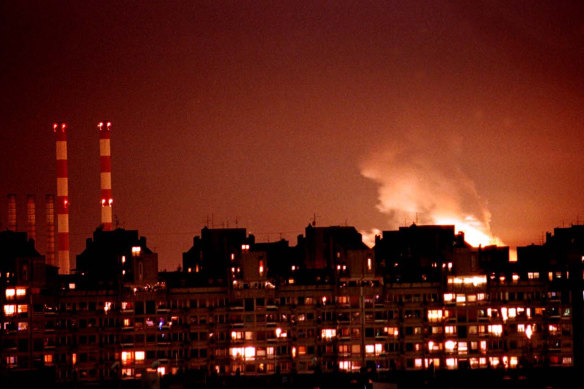 Flames from an explosion light up the Belgrade skyline near a power station after NATO cruise missiles and warplanes attacked Yugoslavia.