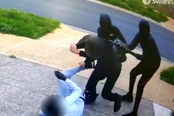 Footage shows trio attack teen boy in the driveway of his home during spate of violence across Melbourne’s west in recent weeks.