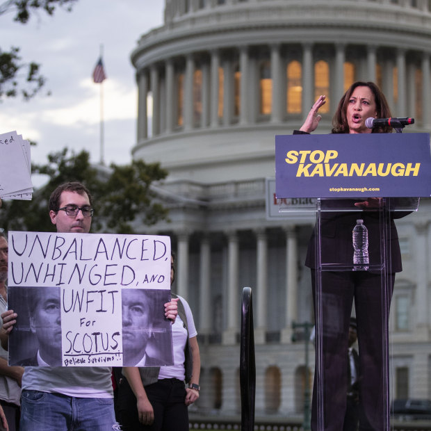 Rallying against Supreme Court nominee Brett Kavanaugh in 2018. Kamala Harris’s Senate questioning of him was called “nasty” by then President Trump. 