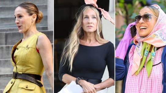 Sarah Jessica Parker as Carrie in 2007 (at left), and in 2021, “drowning in clothes”.