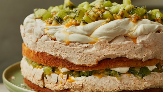 Layers of soft sponge and crisp meringue, topped with kiwi and passionfruit.