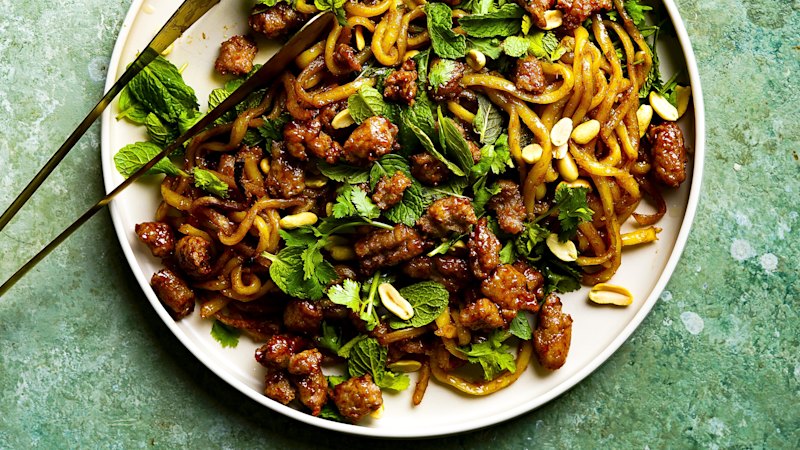 Hoisin and lemongrass kind-of-crispy pork noodles