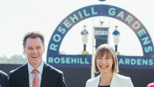 Premier Chris Minns and Transport Minister Jo Haylen at Rosehill Racecourse on Thursday.