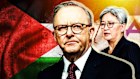 A composite graphic of Australian Prime Minister Anthony Albanese and Foreign Minister Penny Wong on a background of both the Palestinian and Israeli flags.