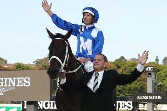  Winx with Chris Waller after she farewelled racing a winner in the Queen Elizabeth Stakes