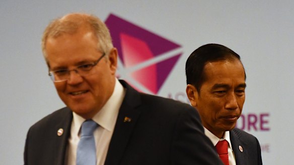 Australia's Prime Minister Scott Morrison and Indonesia's President Joko Widodo at a  meeting during the 2018 ASEAN Summit in Singapore on Wednesday.