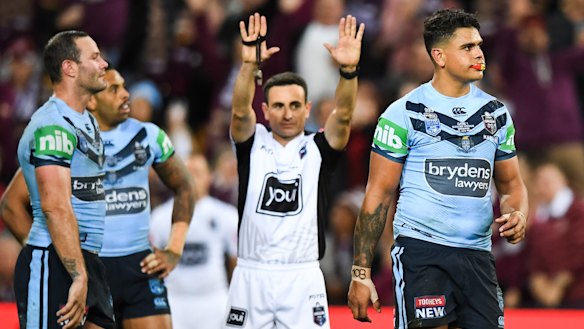 You're off: Latrell Mitchell is sent to the sin bin on Wednesday night.