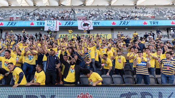 Sydney University fans cheers on their side in last year's Shute Shield grand final against Warringah at Bankwest Stadium. 