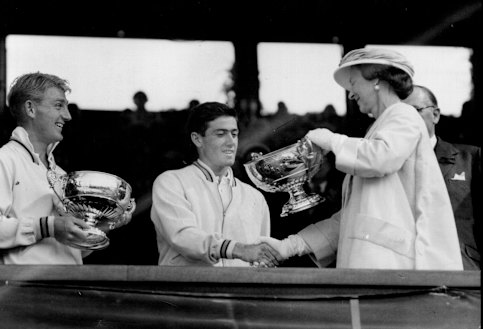 The Duchess of Kent presents trophies to Australians Lew Hoad (left) and Ken Rosewall, after their Men’s doubles victory at Wimbledon, July 8, 1956.
