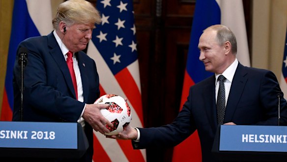 Putin presented a soccer ball to Trump during the press conference.