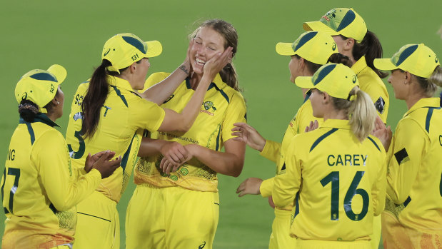Teenager Darcie Brown took four wickets in the first one-day international against England as Australia retained the Ashes.