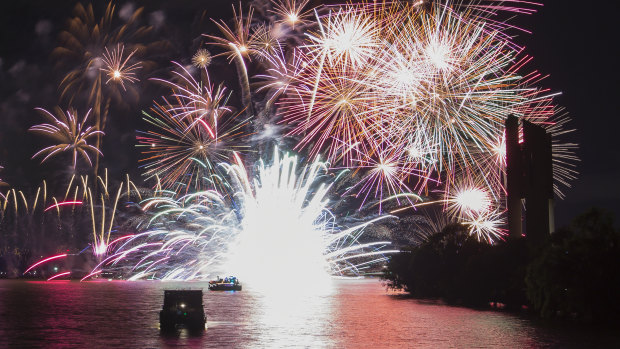A firework barge explodes during Skyfire 2019 on Lake Burley Griffin