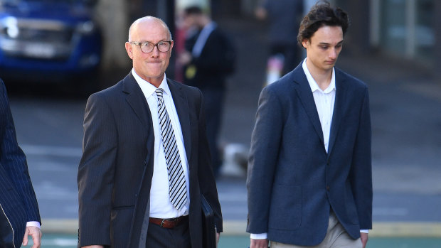 David Pirie (left) and Lachlan Pirie (right) arriving at the District Court in Brisbane on Tuesday.