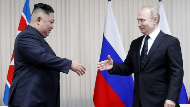 Vladimir Putin sat down for talks on Thursday with Kim Jong-un, saying the summit should help plan joint efforts to resolve a stand-off over Pyongyang's nuclear program.