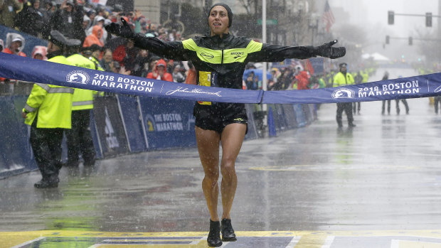 Desiree Linden, of Michigan, wins the women's division of the 2018 Boston Marathon. She was the first American woman to win the race since 1985. 