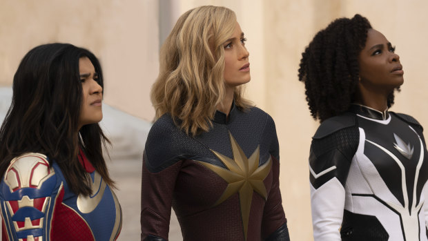 Iman Vellani (left) as Ms Marvel, Brie Larson as Captain Marvel, and Teyonah Parris as Captain Monica Rambeau in The Marvels.