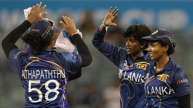Kavisha Dilhari of Sri Lanka celebrates the wicket of Suzie Bates of New Zealand in Perth.
