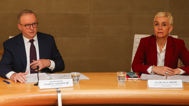 Prime Minister Anthony Albanese and Domestic Family and Sexual Violence Commissioner Micaela Cronin during last week’s national cabinet meeting.