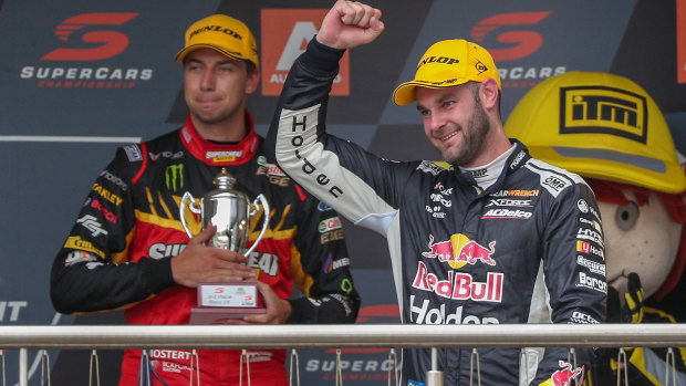 Buoyant: Shane van Gisbergen of Red Bull Holden Racing Team celebrates winning race 28 of the Supercars Championship at the Auckland SuperSprint.