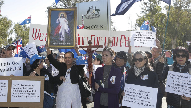 Supporters of George Pell at the High Court in Canberra. 
